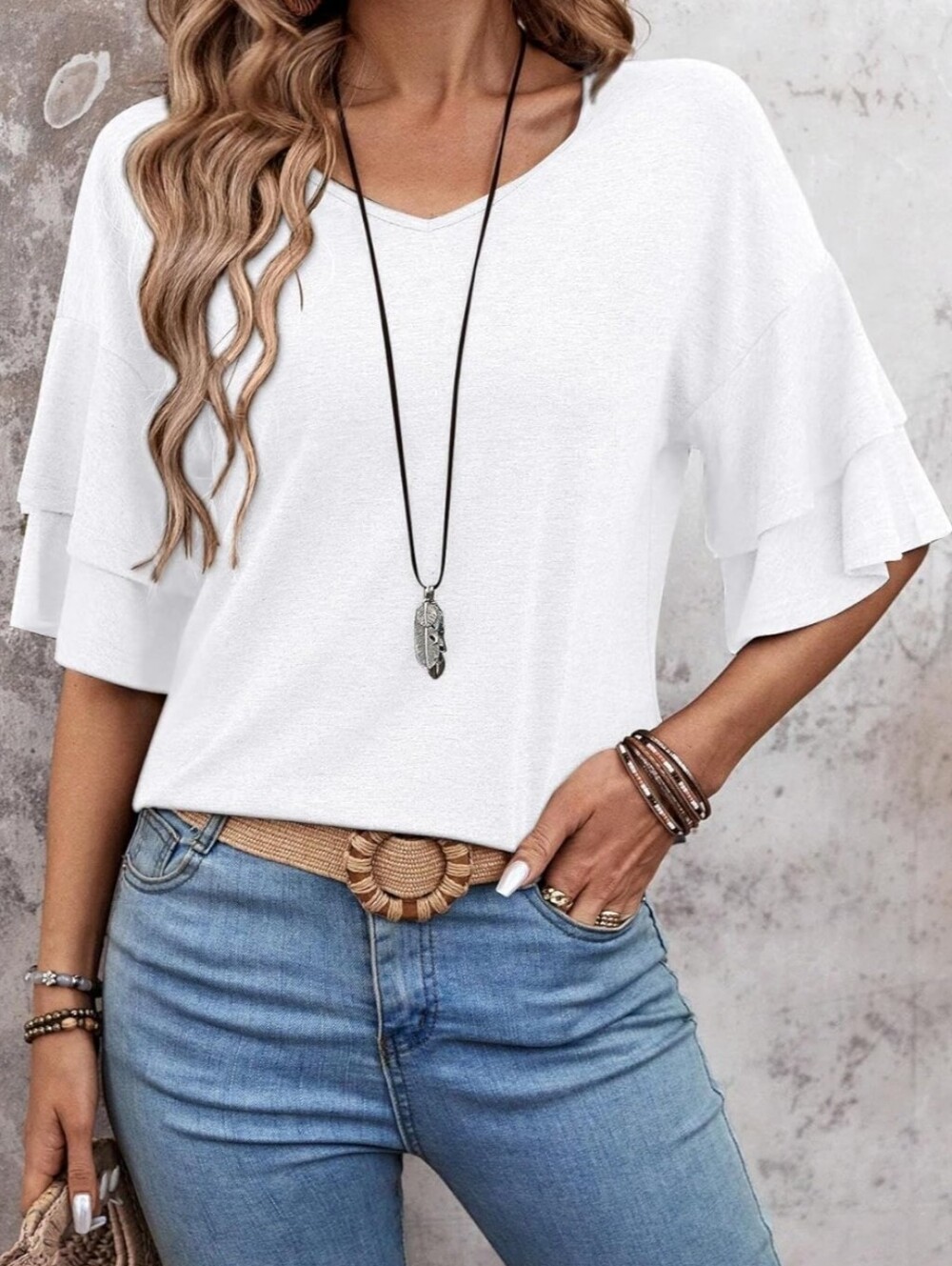 White Womens Blouses Ruffle Short Sleeve V Neck Double Tiered Bell Outfit 3/4